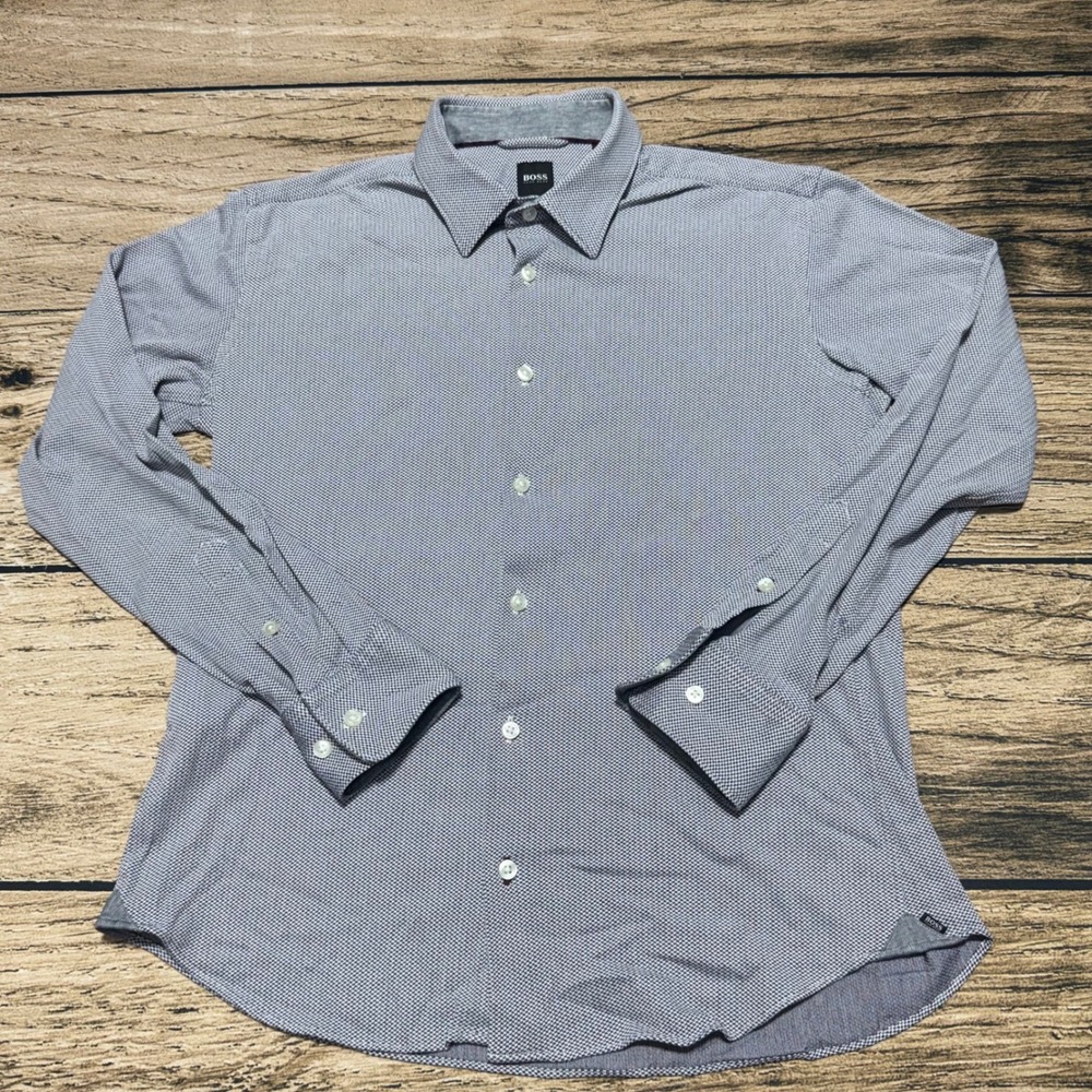 BOSS Hugo Boss Shirt Mens M Blue Micro Pattern Long Sleeve Button Down Reid_53F